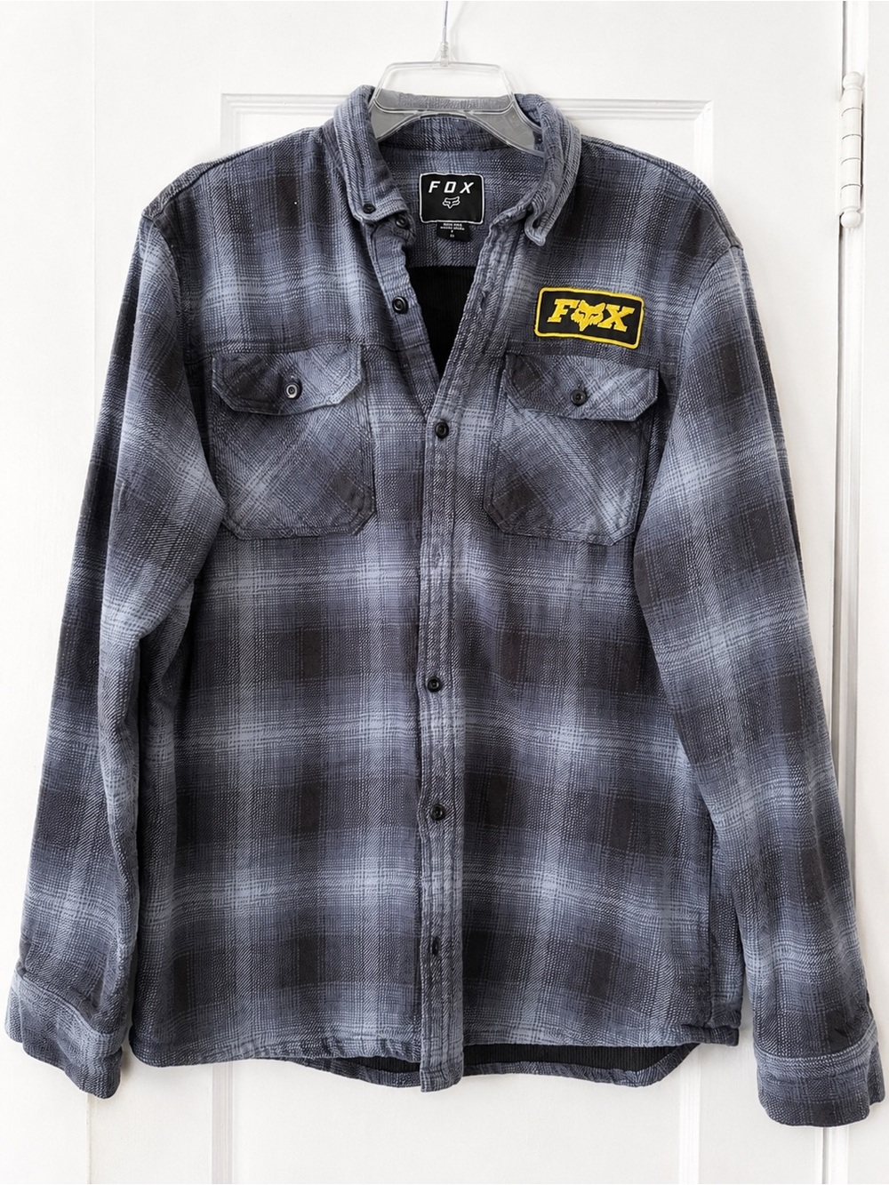 Fox Gray Plaid Lightweight Shirt Jacket with Yellow Logo Patch Size L